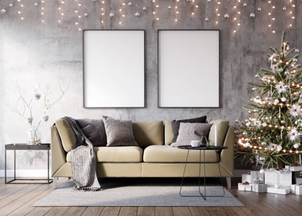 Living Room Christmas interior. Christmas tree, toys, gift boxes. Poster Mockup. stock photo