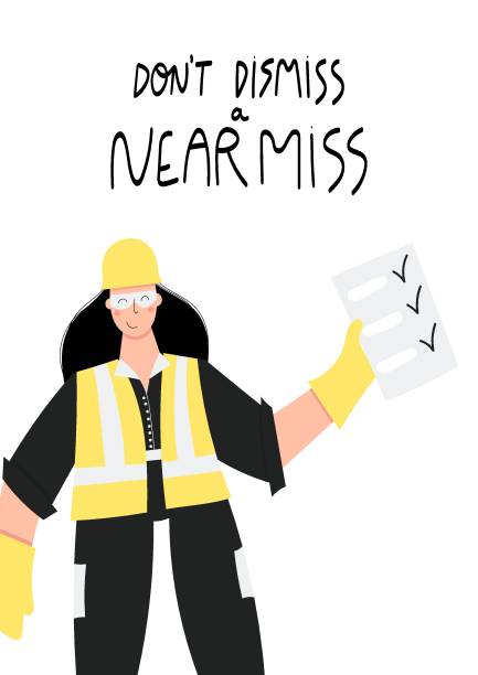 ilustraciones, imágenes clip art, dibujos animados e iconos de stock de don't desestima un cartel casi perdido con el trabajador industrial - near miss”