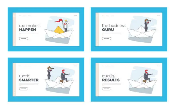 Vector illustration of Business People Riding Ship in Sea Landing Page Template Set. Businesspeople on Paper Boat Sailing. Characters Sail