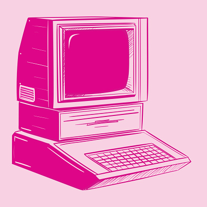 Illustration of a retro personal computer with a cathode ray tube on a pink background