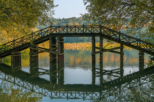 A traditional Chinese bridge at West Lake in Hangzhou, China.