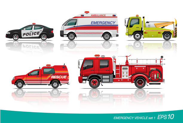 illustrations, cliparts, dessins animés et icônes de ensemble de véhicules d’urgence - véhicule de service durgence