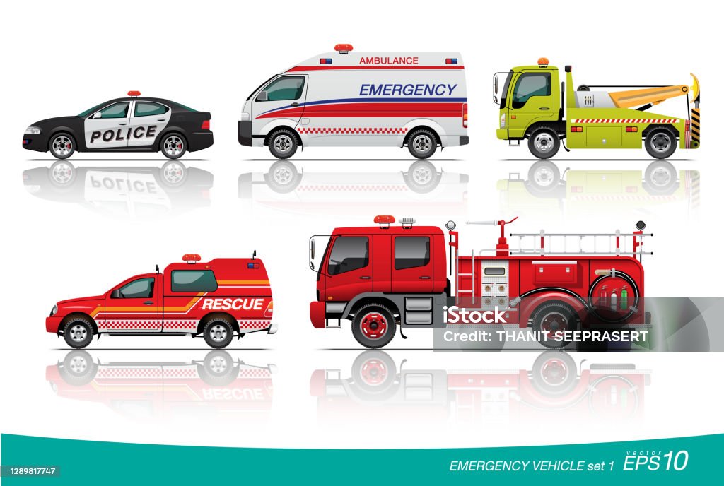 emergency vehicle set VECTOR EPS10 - set of emergency vehicle, police car, ambulance, tow truck, rescue pickup, firetruck, isolated on white background. Firefighter stock vector