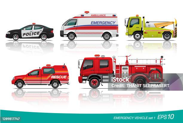 Emergency Vehicle Set Stock Illustration - Download Image Now - Firefighter, Fire Engine, Car