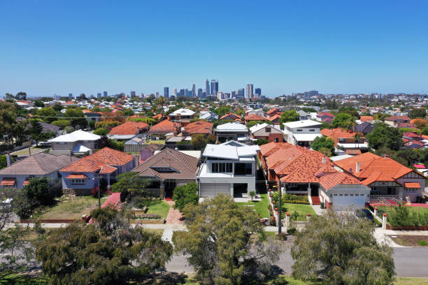 paysage urbain aérien de banlieue à perth - culture australienne photos et images de collection