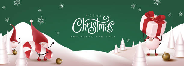 istock Merry Christmas banner with cute gnome and festive decoration for christmas 1289818643