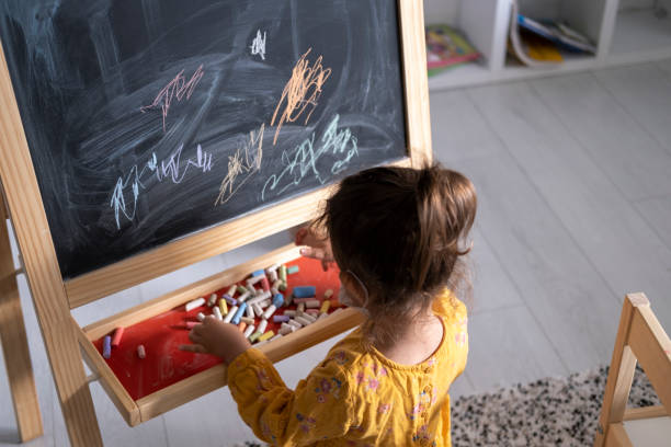 istock Toddler girl drawing on the chalk board 1289821729