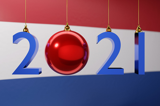3D illustration  2021 happy new year against the background of the national  flag of Netherlands, 2021 white letter . Illustration of the symbol of the new year.