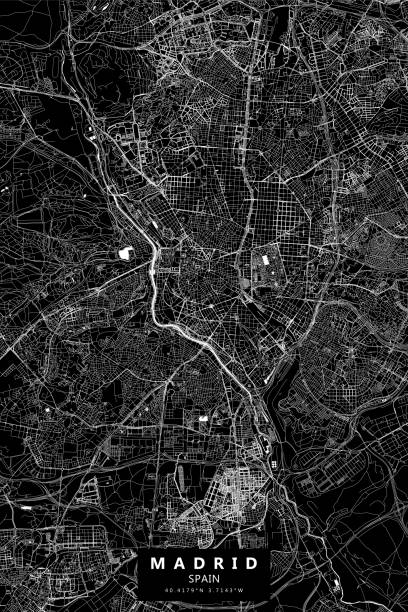 Madrid, Spain Vector Map Poster Style Topographic / Road map of Madrid, Spain. Original map data is open data via © OpenStreetMap contributors. All maps are layered and easy to edit. museo del prado stock illustrations