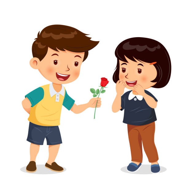 Boy Give Rose To Girl Stock Illustration - Download Image Now - Giving,  Flower, Rose - Flower - iStock