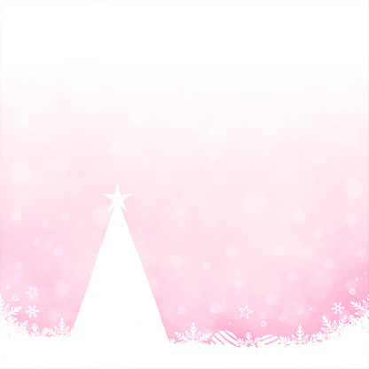 Square vector illustration of Xmas vector wallpaper in pink color. A frill border at the  bottom made of white snowflakes. There are twinkling stars in white at a few places and a triangular tree. Can be used as Christmas , New Year Day background, wallpaper, gift wrapping sheet, templates or greeting cards.