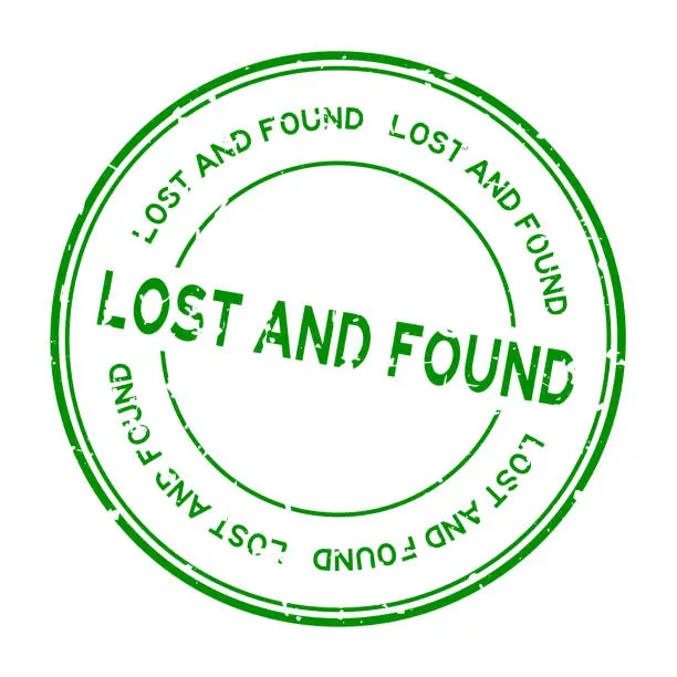 Vector illustration of Grunge green lost and found word round rubber seal stamp on white background