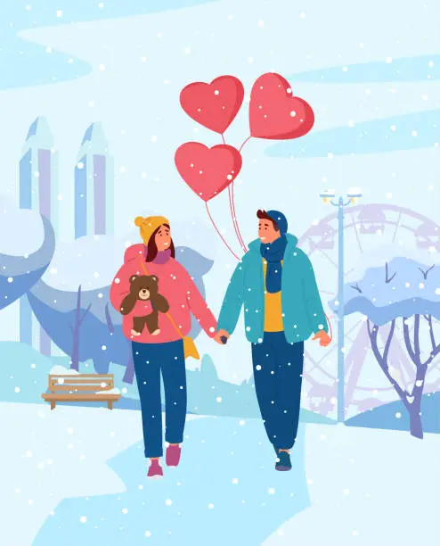 Vector illustration of Couple In Love Walking In Winter Park