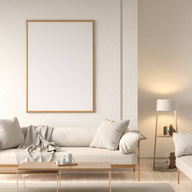 istock Mock up poster frame in Scandinavian style interior with modern furnitures. Minimalist interior design. 3D illustration. 1289842802