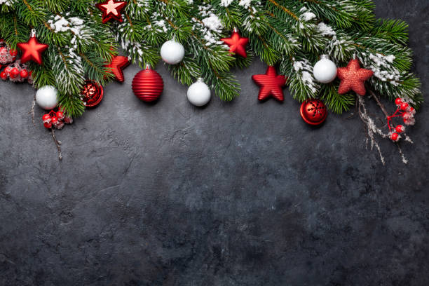 istock Christmas greeting card with fir tree and decor 1289842992