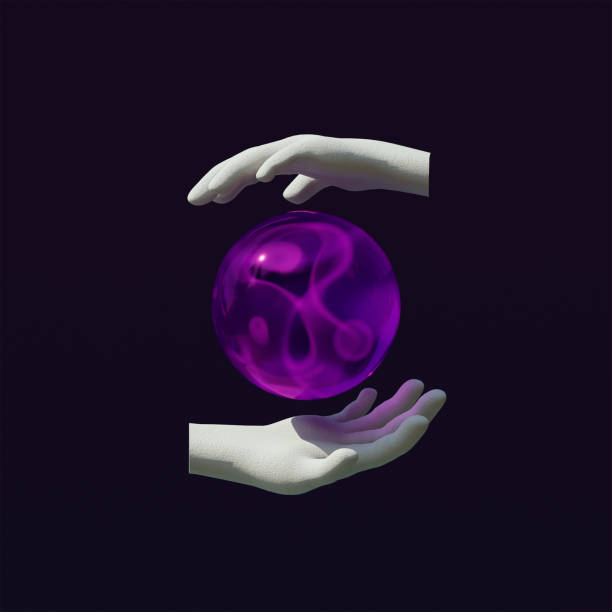 Astrology, occultism, predictions. Crystal ball between two stone hands. Orbuculum shows future. Neon light in crystal sphere. Astrology, occultism, predictions. Witches and fortune-telling concept. Trendy 3d illustration. 3d render. fortune telling machine stock pictures, royalty-free photos & images