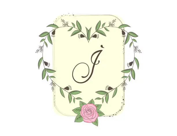 Vector illustration of Elegant capital letter I with floral frame, leaves and rose. Calligraphic floral alphabet. Hand drawn composition of flowers. Botanical template design elements for invitation, wedding, greeting cards