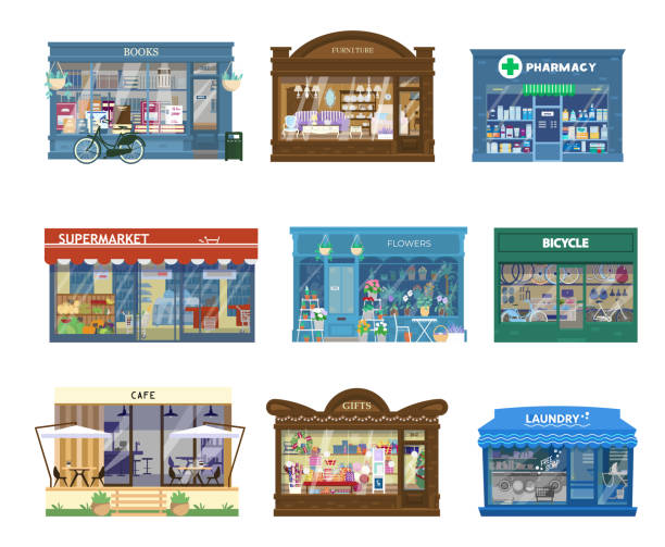Collection Of Shops Buildings Exteriors Vector Collection Of Shops Buildings Exteriors. Showcases With Goods. Book Shop, Furniture Shop, Pharmacy, Supermarket, Flower Shop, Bicycle, Cafe, Gift Shop, Laundry. Isolated On White. small business illustrations stock illustrations
