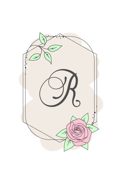 ilustraciones, imágenes clip art, dibujos animados e iconos de stock de elegante letra inicial r con flor de rosa. alfabeto floral gráfico. logotipo o icono de fuente de monograma botánico. diseño de elementos tipográficos para emblema, etiqueta, tarjetas de felicitación o boda, ideas de decoración. - letter r alphabet alphabetical order backgrounds