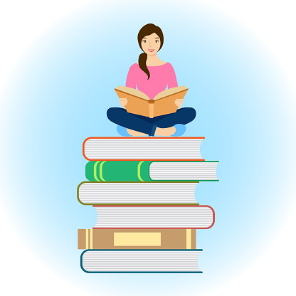 Vector illustration of a girl sitting on a stack of books with an open book in her hands. Illustration of the concept of earnings, distance learning and self-education. Character of a young student.Flat design white and blue gradient background.
