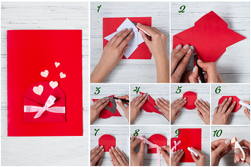 Valentines diy. Step by step instructions for handmade valentine. Craft gift, Valentines day card, flat lay.
