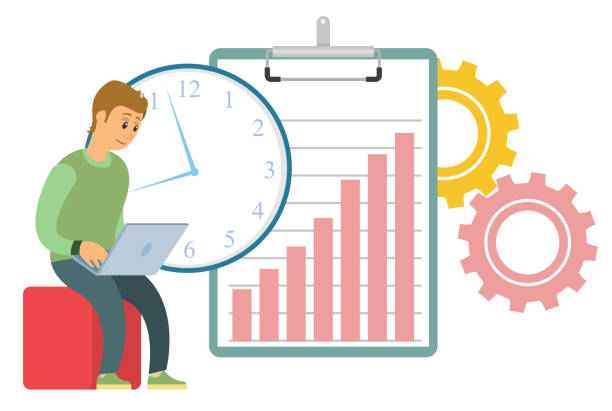 Developer with Laptop Coder with Computer Deadline Man working with development of websites and webpages vector, man with laptop flat style. Person with computer and clipboard, cogwheel and time clock visual clock stock illustrations