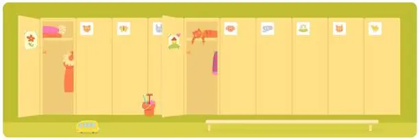 Vector illustration of Kids lockers in kindergarten background. Lockers with doors in row and bench vector illustration. Preschool yellow storage equipment. Open and closed doors, coat, hats, toys in lockers