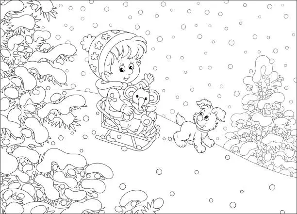 Vector illustration of Little girl sledding down a snow hill