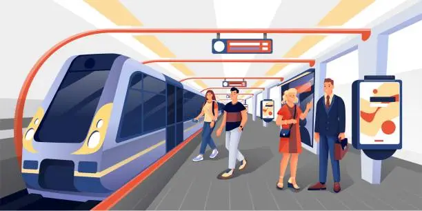 Vector illustration of People entering train at subway station. Modern metro station platform vector illustration. Men and women traveling by public transport in city. Horizontal cityscape panorama