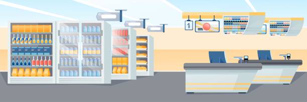 Supermarket store background. Empty shop with checkout register counters, aisles with shelves full of food and drinks vector illustration. Horizontal panorama at grocery store Supermarket store background. Empty shop with checkout register counters, aisles with shelves full of food and drinks vector illustration. Horizontal panorama at grocery store. supermarket aisles vector stock illustrations