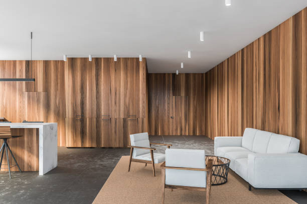 istock Modern wooden living room with white sofa 1289855265