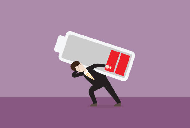 An employee carries a low battery Working, Exhaustion, Tired, Power, Employee, Overwork, Vacation leave, Annual leave, Work from home mental burnout illustrations stock illustrations