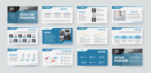 Slide presentation template for use in annual report, business analytics, document layout. Slide presentation template for use in annual report, business analytics, document layout. Vector infographics with information, statistics, concept. White and blue background booklet report templates stock illustrations