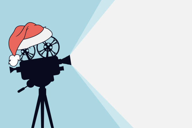 Silhouette of vintage cinema projector on a tripod with Santa Claus hat. Cinema background. Film camera projecting a beam of light with place for text. Movie festival template for banner, flyer,poster Silhouette of vintage cinema projector on a tripod with Santa Claus hat. Cinema background. Film camera projecting a beam of light with place for text.Movie festival template for banner, flyer, poster vintage movie projector stock illustrations