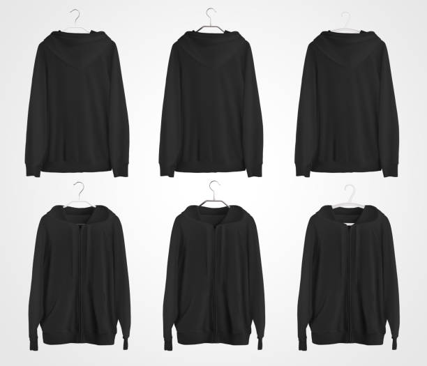 istock Black hoodie template with ties, zipper closure, isolated on background, front, back view. 1289860608
