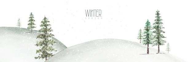 зимняя и рождественская акварель, раскрашенная вручную - illustration and painting panoramic sky snow stock illustrations