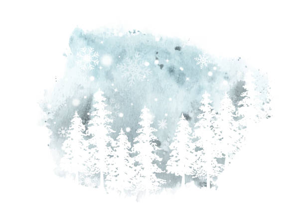 зимняя рождественская акварель художественная карта - frozen cold spray illustration and painting stock illustrations