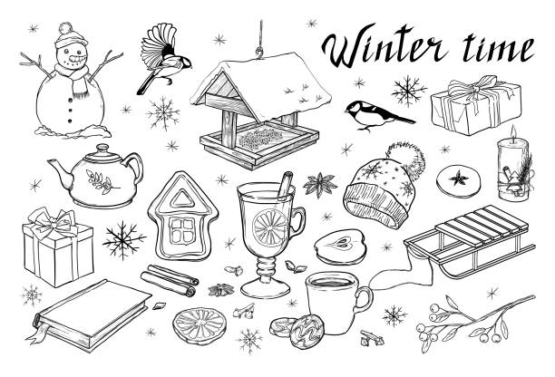 ilustrações, clipart, desenhos animados e ícones de um conjunto de elementos de inverno: boneco de neve, trenó, vinho mulled, alimentador de aves, titmouse, visco. ilustração vetorial desenhada à mão para o natal ou ano novo. itens isolados em fundo branco. - bird feeder illustrations