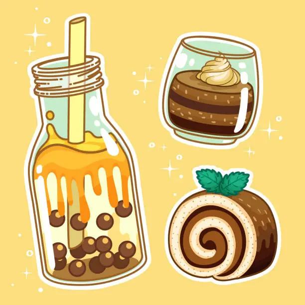 Vector illustration of Beverages with sweetmeats. Hand drawn set collection.