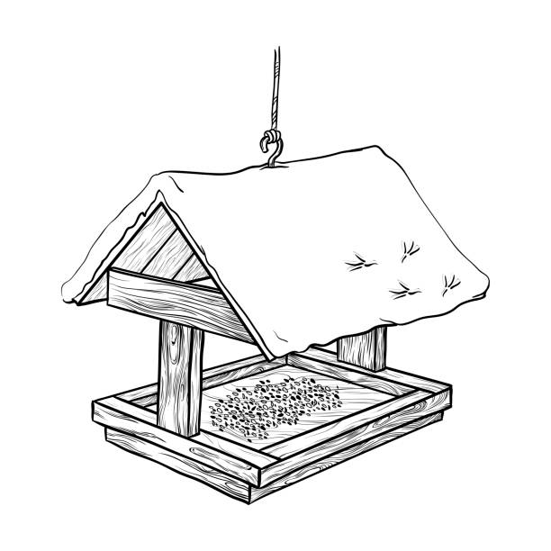 ilustrações, clipart, desenhos animados e ícones de alimentador de pássaros na neve. isolado em um fundo branco. ilustração vetorial desenhada à mão. - bird feeder illustrations