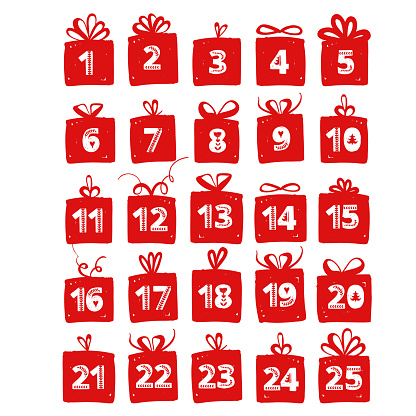 Advent calendar. Christmas holiday celebration cards for countdown. Numbers in gifts.