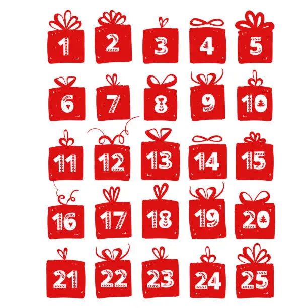 Vector illustration of Advent calendar. Christmas holiday celebration cards for countdown. Numbers in gifts