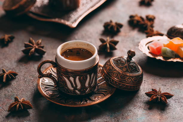 istock Traditional Turkish Cup Served With Colorful Turkish Delight 1289867177