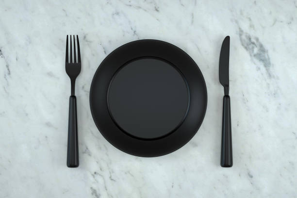 plate, fork, knife, minimal restaurant, food concept, kitchen utensils - table knife silverware black fork imagens e fotografias de stock