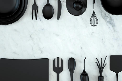 3d rendering of kitchen utensils on marble background, minimal design, flat lay, copy space.