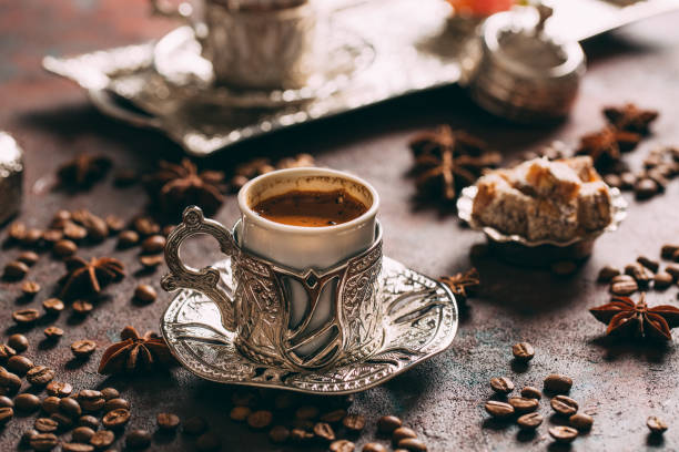 istock Traditional Turkish Cup Served With Colorful Turkish Delight 1289867441
