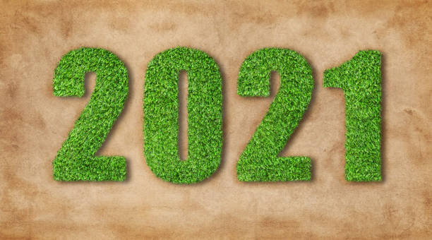 istock Artificial grass in 2021 wording text growth on brown ground. 1289868690