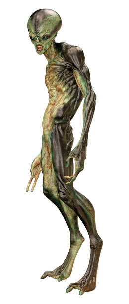 istock 3D illustration green alien on white 1289868857