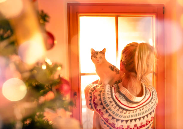 Photo of a woman holding cat behind the christmas tree and looking outside the door.