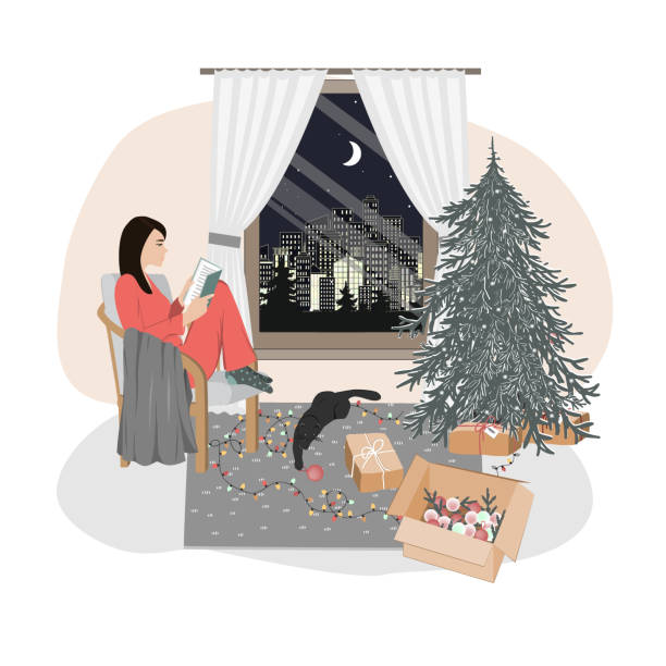 милая расслабленная девушка, сидящая в кресле и читающая. hygge рождество настроение с новогодним деревом, играя в кошки, и городские огни в ок - people winter urban scene chair stock illustrations